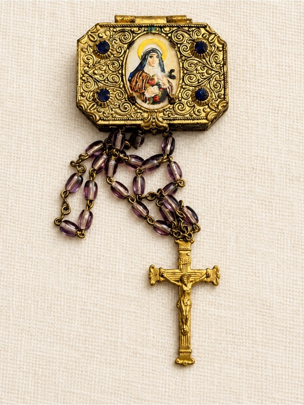 ✝️ Vintage Saint Thérèse Reliquary Rosary | Gilt Brass Enamel | Antique Catholic